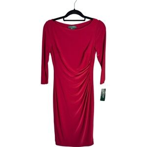 NWT Ralph Lauren Dress Womens Red 3/4 Sleeve Back Zip Knee Length Lined size 2